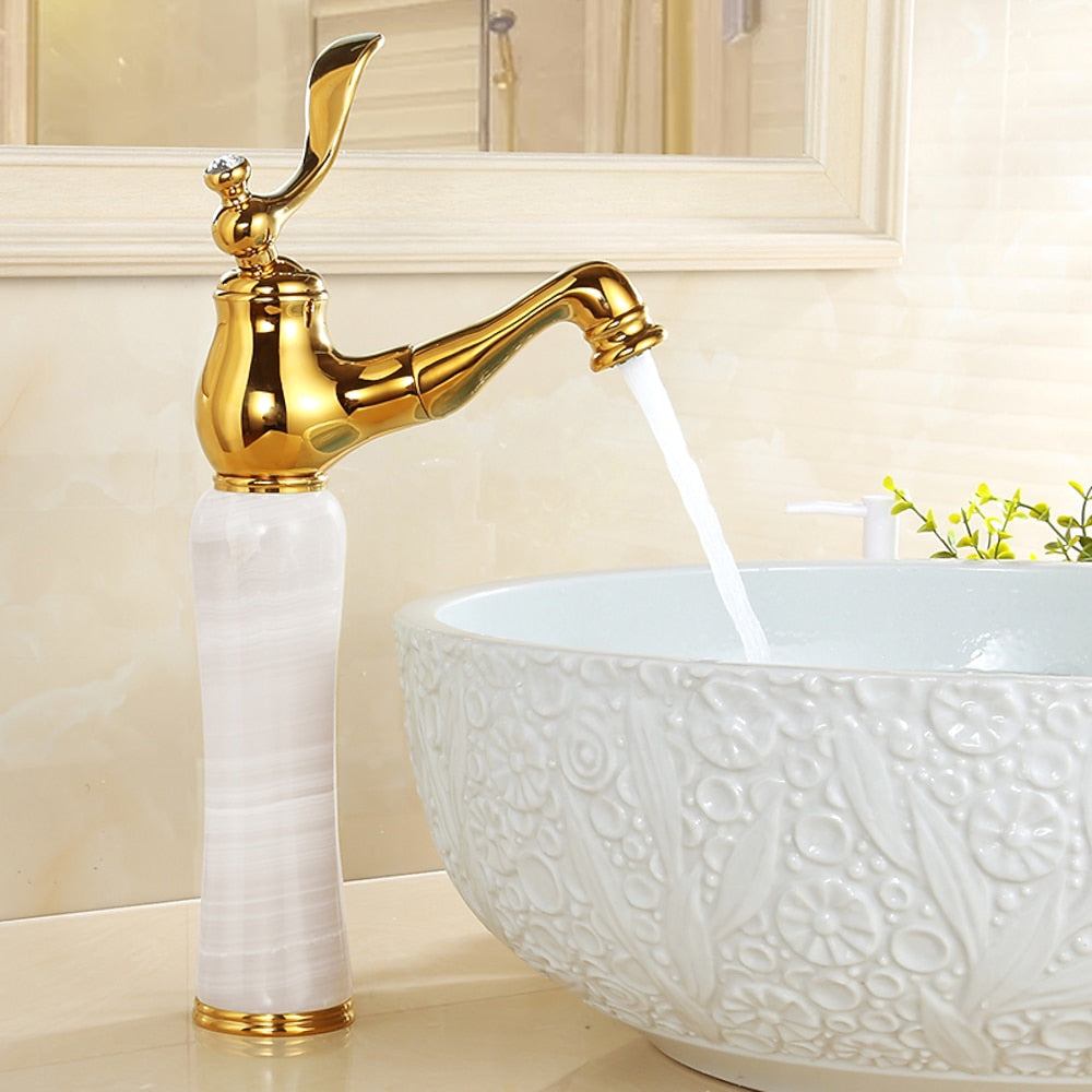 Vintage Traditional Single-Hole Bathroom Faucet, Single-Handle Brass Faucet with Marble Column Base, Gold / White / Multi