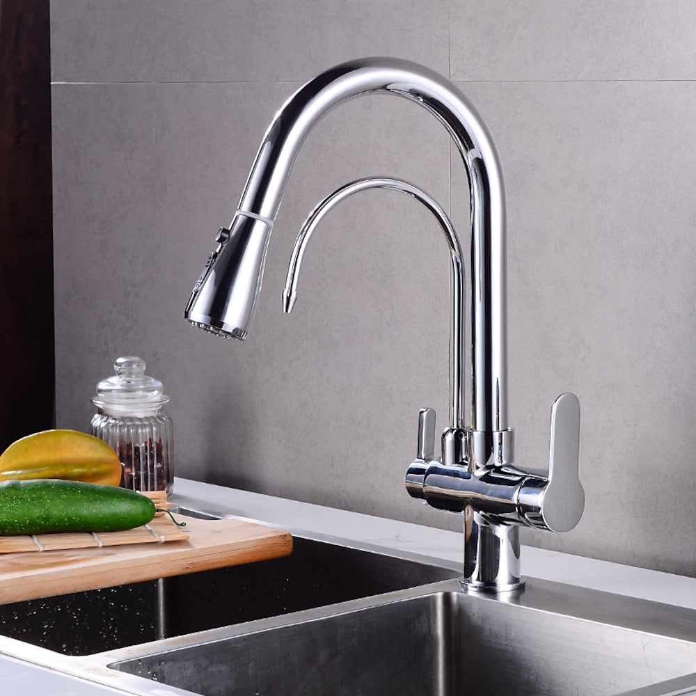 Modern 3-Way Pull-Down Kitchen Faucet, Dual-Handle Swivel Gooseneck Faucet, Gunmetal / Matte Black / Chrome / Matte White / Two-Tone / Antique Brass / Brushed Gold / Brushed Nickel