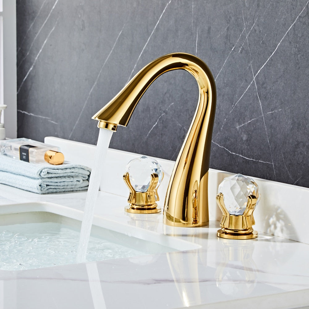 Crystal Knob Handle Widespread Bathroom Faucet, Modern Dual-Handle 3-Hole Faucet, Polished Gold / Chrome / Brushed Nickel