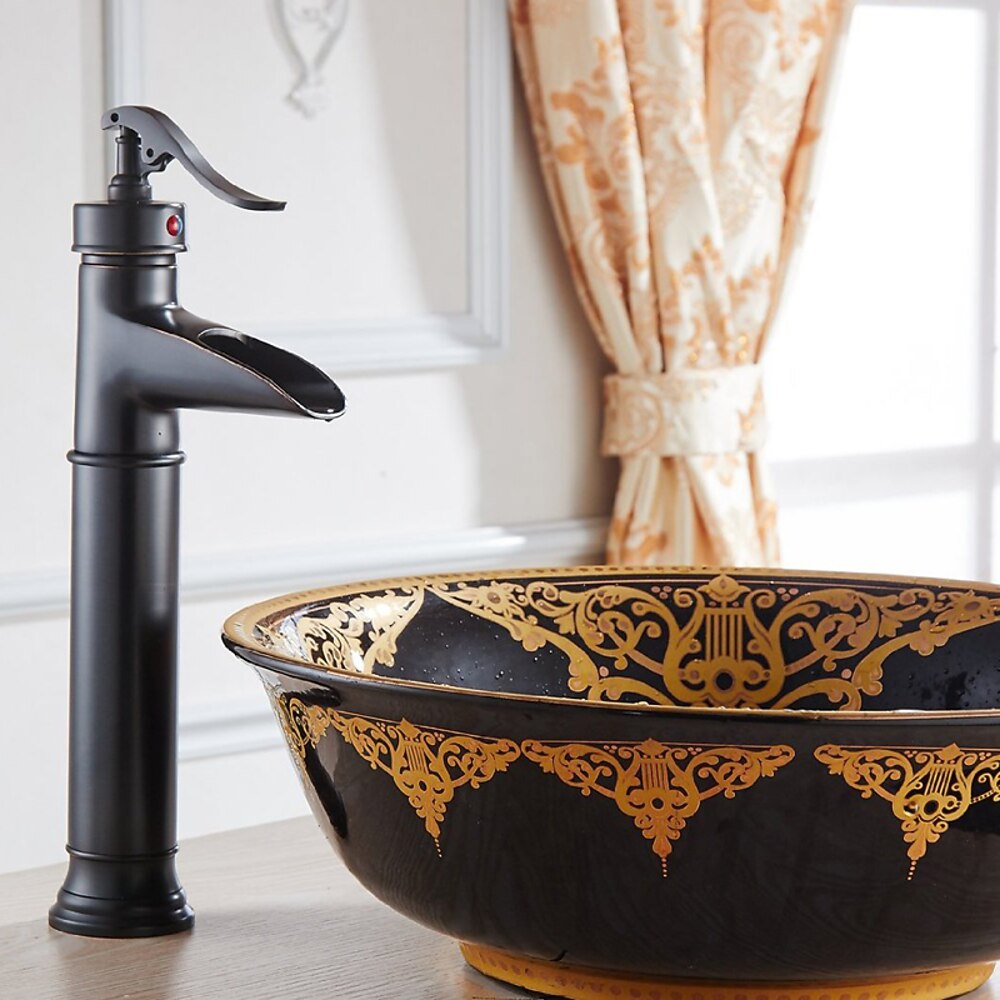 Oil-Rubbed Bronze Waterfall Bathroom Faucet, Single-Handle Vessel Faucet with Pop-Up Drain