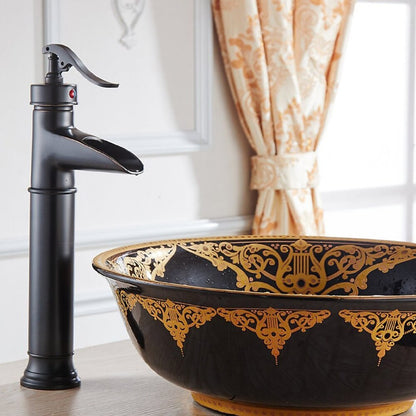 Oil-Rubbed Bronze Waterfall Bathroom Faucet, Single-Handle Vessel Faucet with Pop-Up Drain