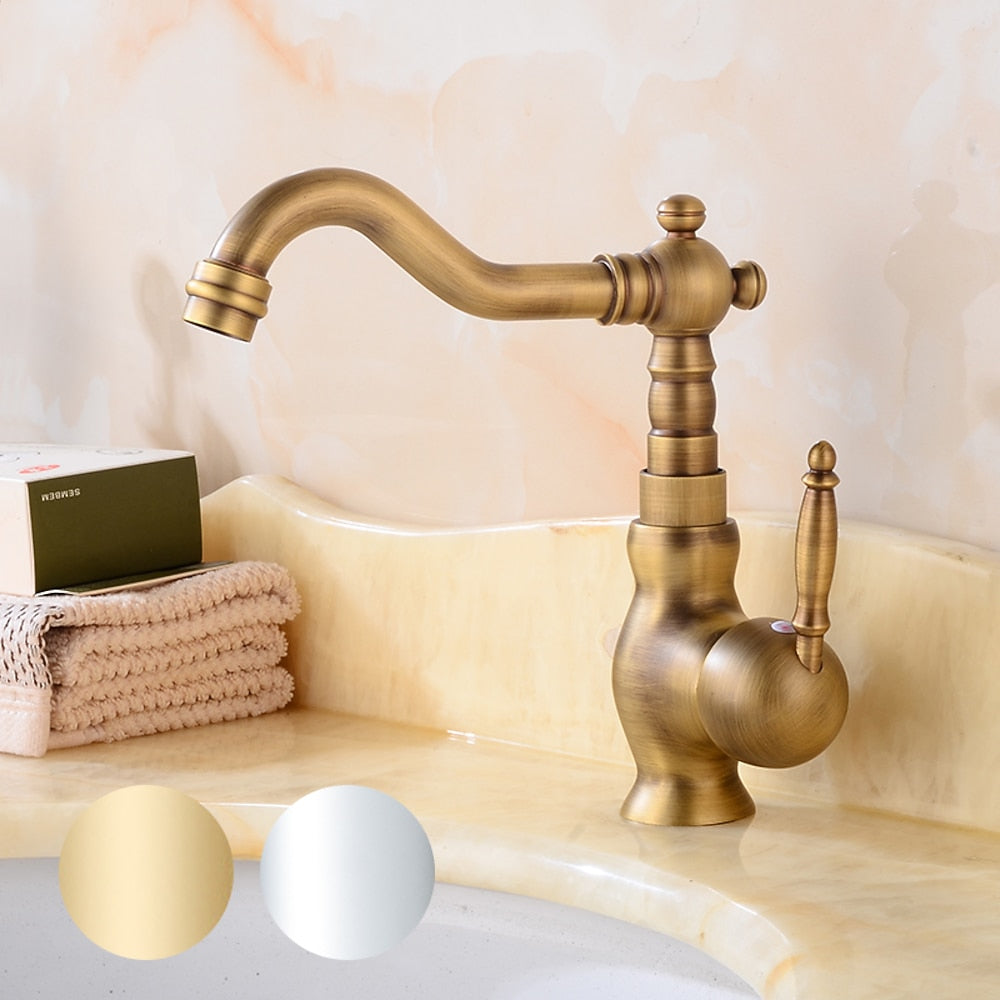 360-Degree Swivel Vintage Bathroom Faucet, Single-Handle Brass Faucet, Antique Brass / Chrome / Polished Gold