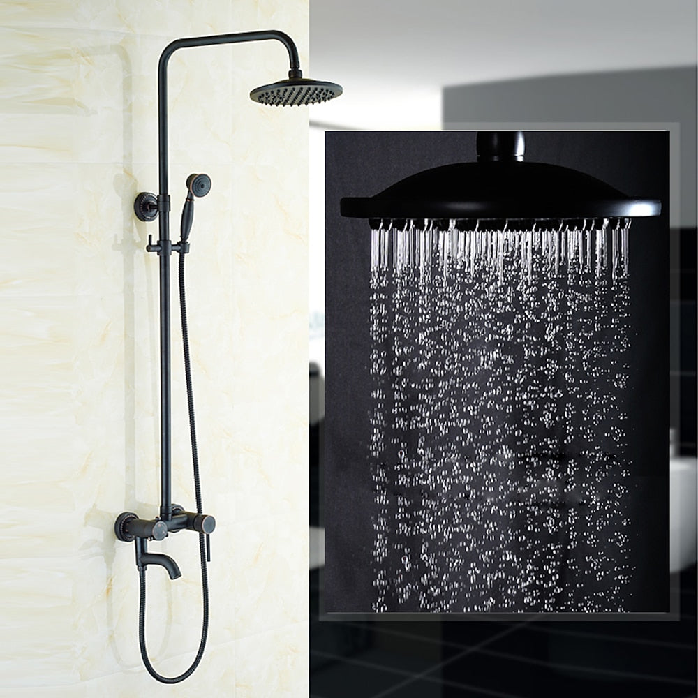 Vintage Wall-Mounted Brass Shower Faucet, 8-Inch Rainfall Head / Handheld Spray / Tub Spout Shower System