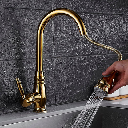 Polished Gold Single-Hole Pull-Down Kitchen Faucet, High Arc Swivel Brass Faucet