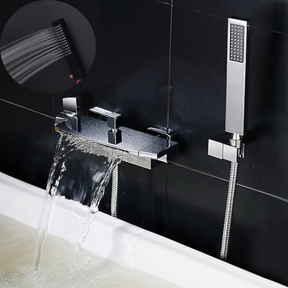 Waterfall Wall-Mount Tub Filler, Modern Brass Dual-Handle Bathtub Faucet with Handheld Shower, Chrome / Matte Black