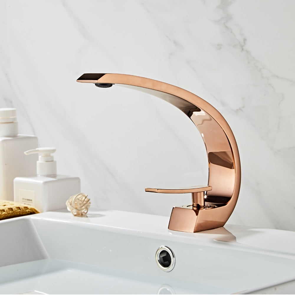 Modern Curved Rose Gold Bathroom Faucet, Single-Hole Single-Handle Faucet