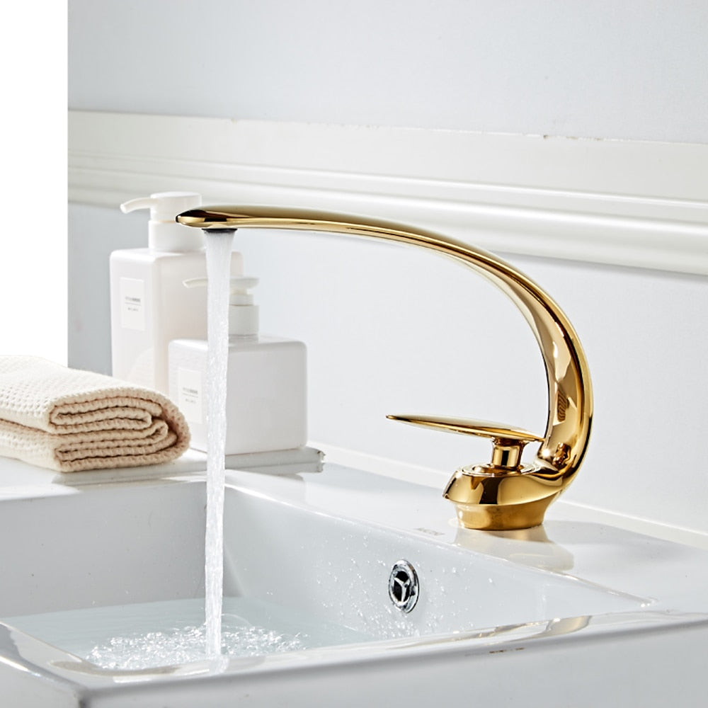 High Arc Spout Modern Single-Hole Bathroom Faucet, Single-Handle Brass Body Sink Faucet
