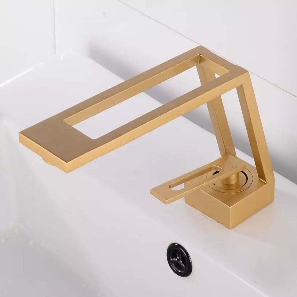 Geometric Hollow-Out Spout Bathroom Faucet, Modern Single-Handle Brass Faucet