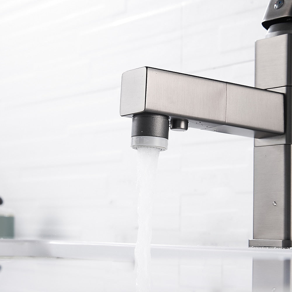 Modern Pull-Out Bathroom Faucet, Single-Hole Swivel Spout Faucet, Matte Black / Chrome / Brushed Nickel / Gunmetal / Matte White