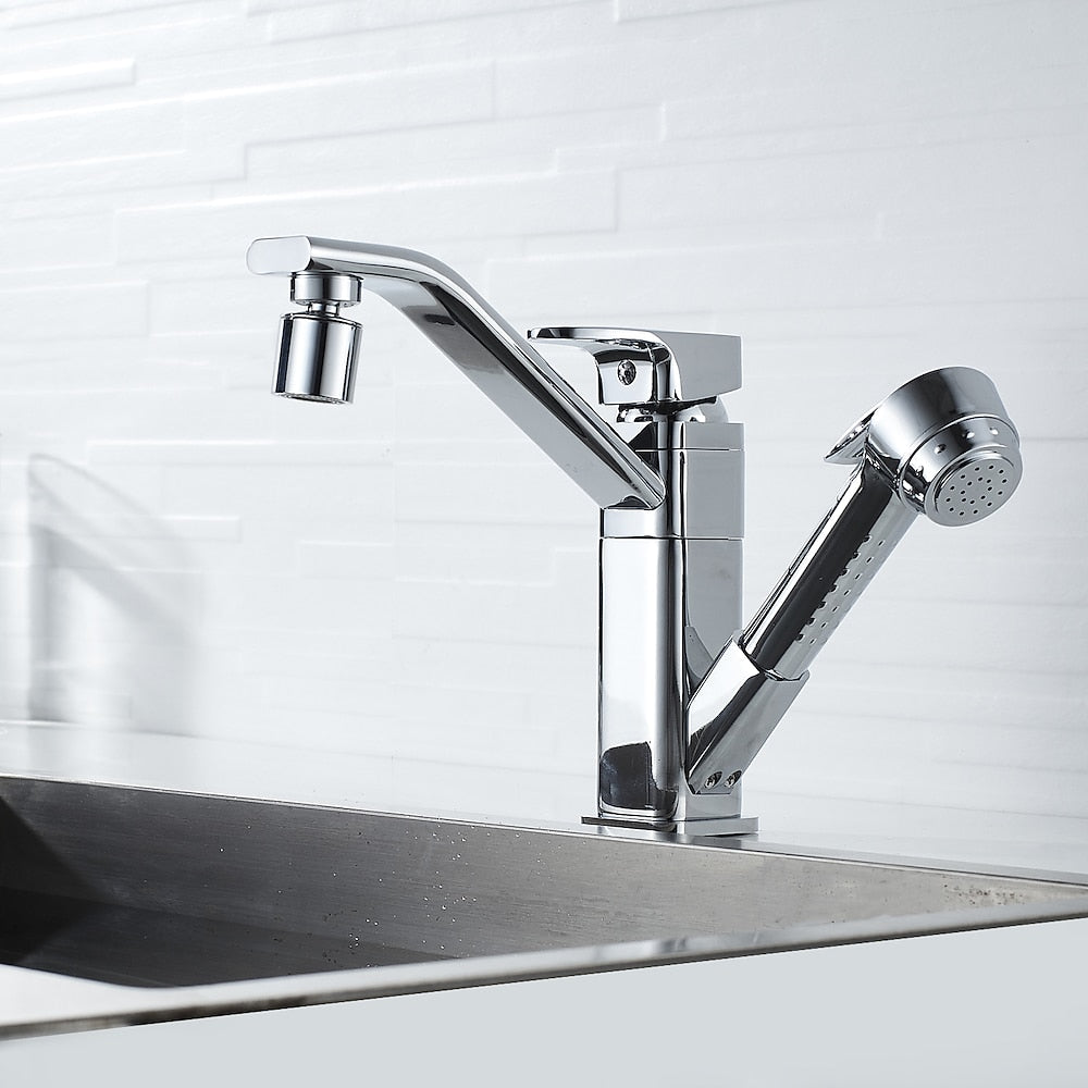 Chrome Single-Hole Bathroom Sink Faucet, Pull-Out Swivel Spout Faucet
