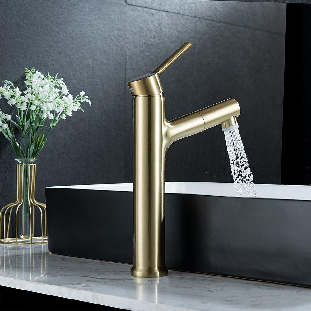 Pull-Out Single-Hole Bathroom Faucet, Modern Single-Handle Basin Faucet with 2-Mode Sprayer, Matte Black / Brushed Gold / Gunmetal
