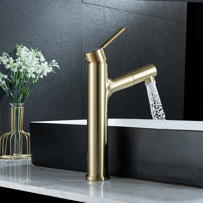 Pull-Out Single-Hole Bathroom Faucet, Modern Single-Handle Basin Faucet with 2-Mode Sprayer, Matte Black / Brushed Gold / Gunmetal