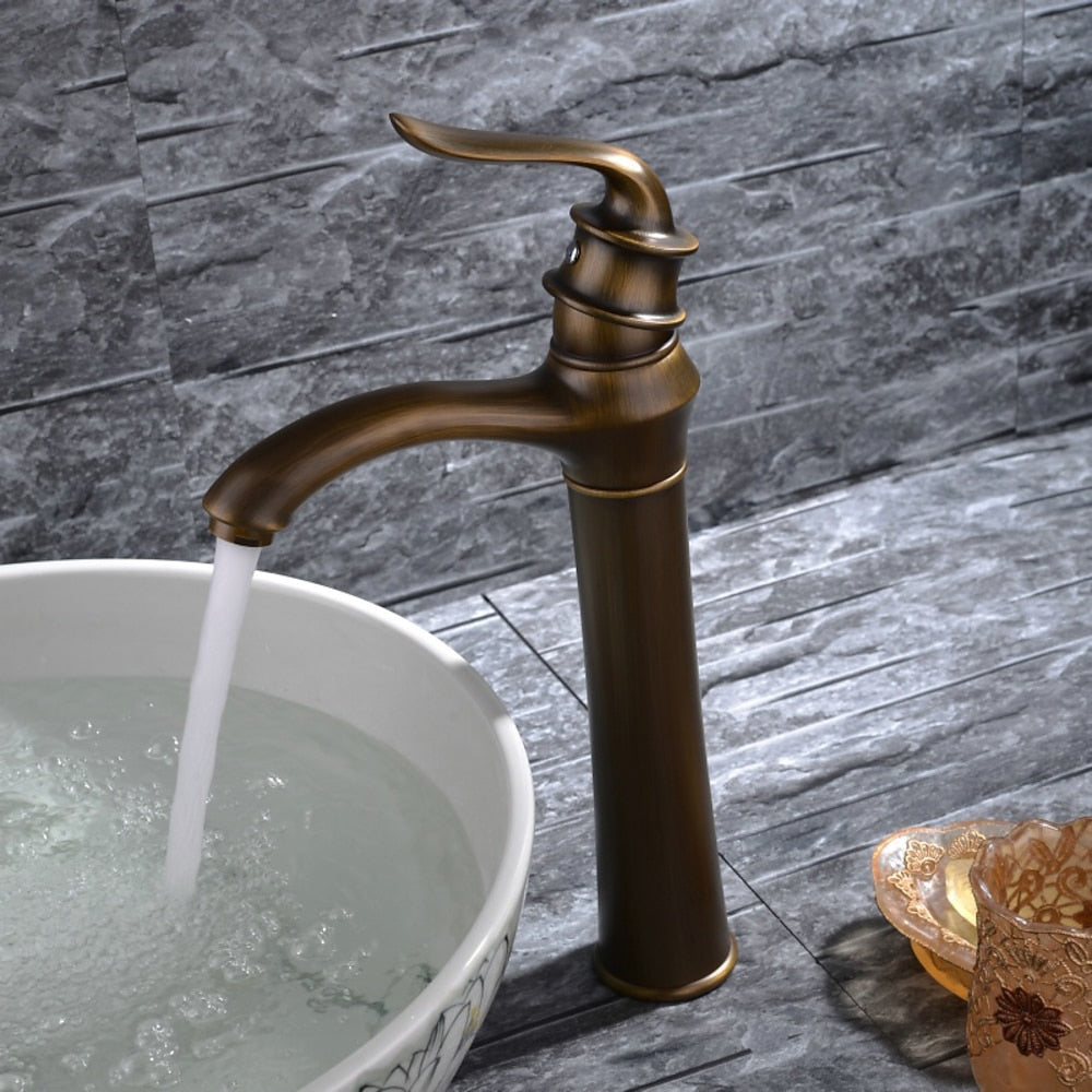 Antique Brass Traditional Vessel Sink Faucet, Single-Handle Tall Body Bathroom Faucet