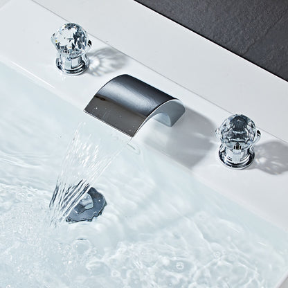 Waterfall Bathroom Faucet, Modern 3-Hole Widespread Faucet, Double Crystal Handle Faucet, Matte Black / Chrome / Brushed Gold / Polished Gold