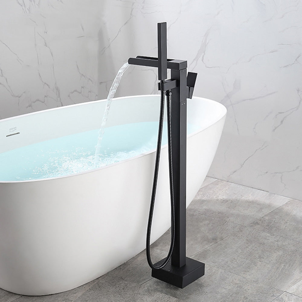 Modern Waterfall Freestanding Tub Filler, Single-Handle Tub Faucet with Handheld Shower