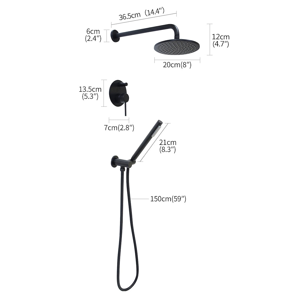 Rainfall Matte Black Wall-Mounted Shower System, Single-Handle Faucet with Handheld Shower