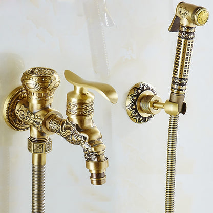 Antique Brass Wall-Mount Bidet Faucet, Handheld Toilet Sprayer Set