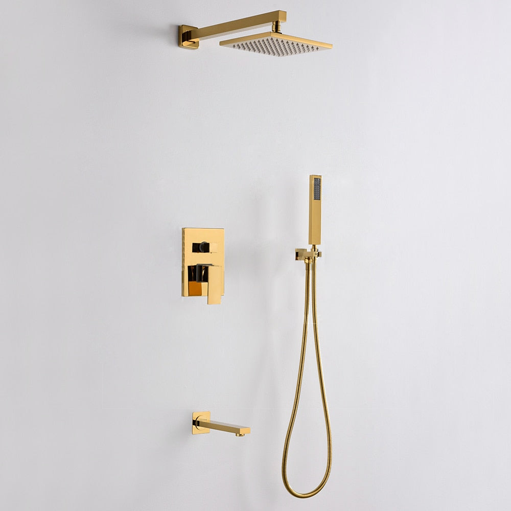 Brushed Gold Wall-Mounted Rainfall Shower System, Modern Single-Handle Tub Shower Faucet with Handheld Shower, Tub Spout