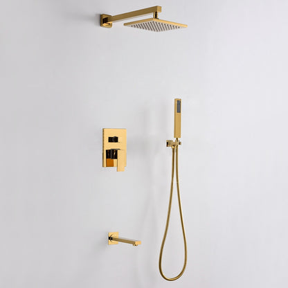 Brushed Gold Wall-Mounted Rainfall Shower System, Modern Single-Handle Tub Shower Faucet with Handheld Shower, Tub Spout