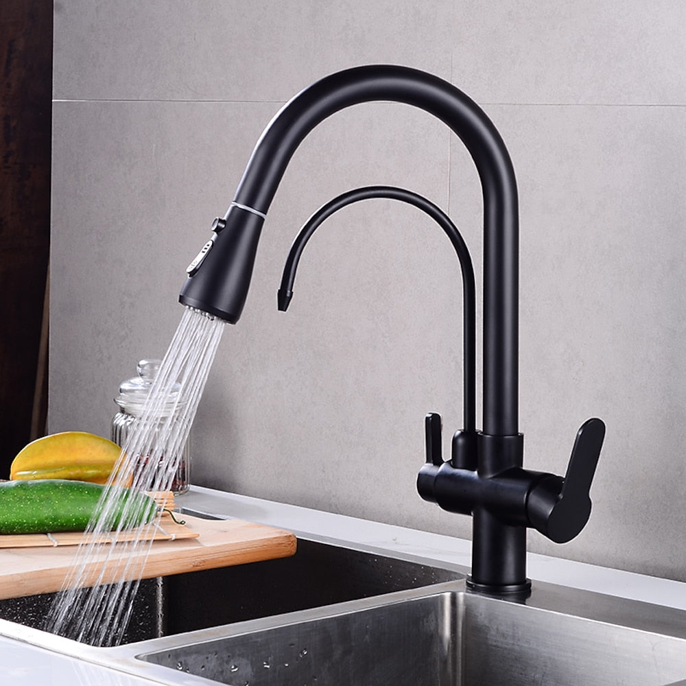 Modern 3-Way Pull-Down Kitchen Faucet, Dual-Handle Swivel Gooseneck Faucet, Gunmetal / Matte Black / Chrome / Matte White / Two-Tone / Antique Brass / Brushed Gold / Brushed Nickel
