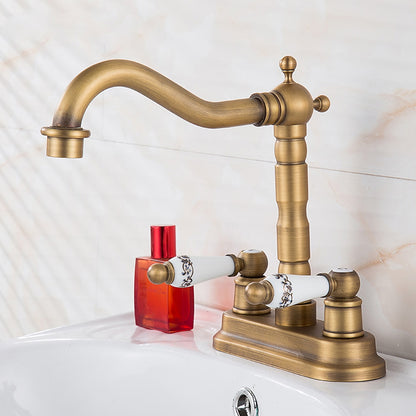 Antique Brass Swivel Spout Bathroom Faucet, Vintage Double-Handle Centerset Faucet
