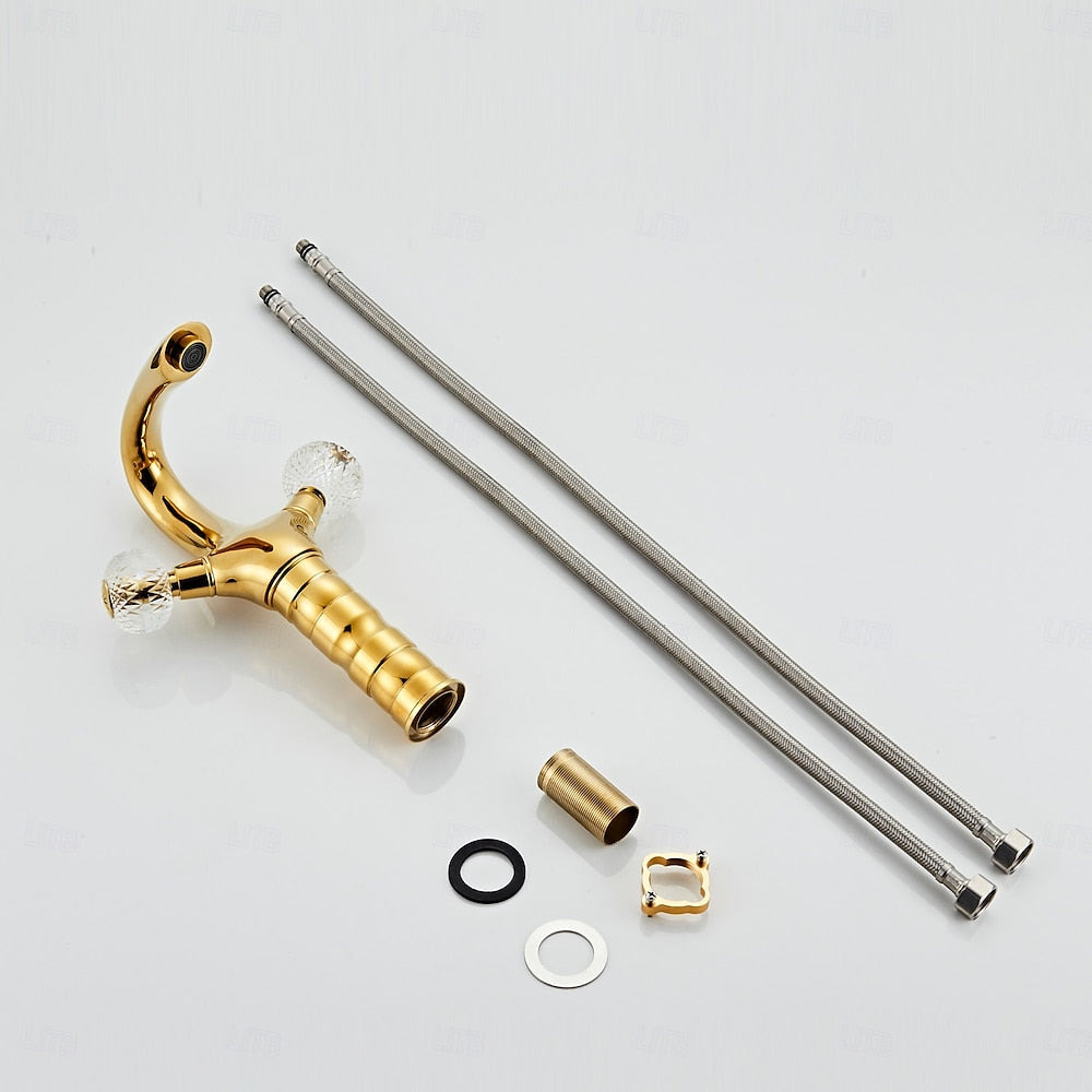 Polished Gold Single-Hole Bathroom Faucet, Modern Dual-Handle Faucet with Crystal Knob Handles