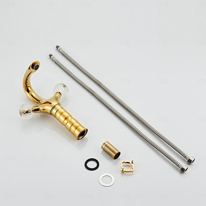 Polished Gold Single-Hole Bathroom Faucet, Modern Dual-Handle Faucet with Crystal Knob Handles