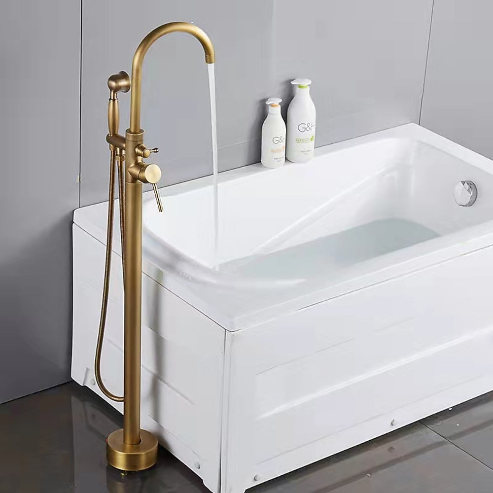 Floor-Mount Freestanding Tub Filler Faucet, Single-Handle High Arc Swivel Spout Faucet with Handheld Shower, Antique Brass / Matte Black