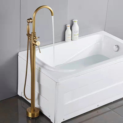 Floor-Mount Freestanding Tub Filler Faucet, Single-Handle High Arc Swivel Spout Faucet with Handheld Shower, Antique Brass / Matte Black