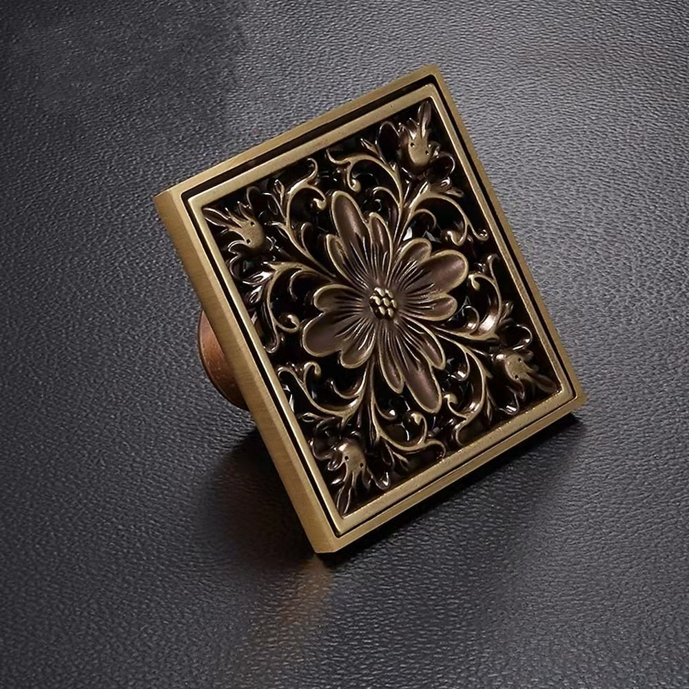 Antique Brass Vintage Square Floor Drain, Carved Flower Drain with Removable Cover