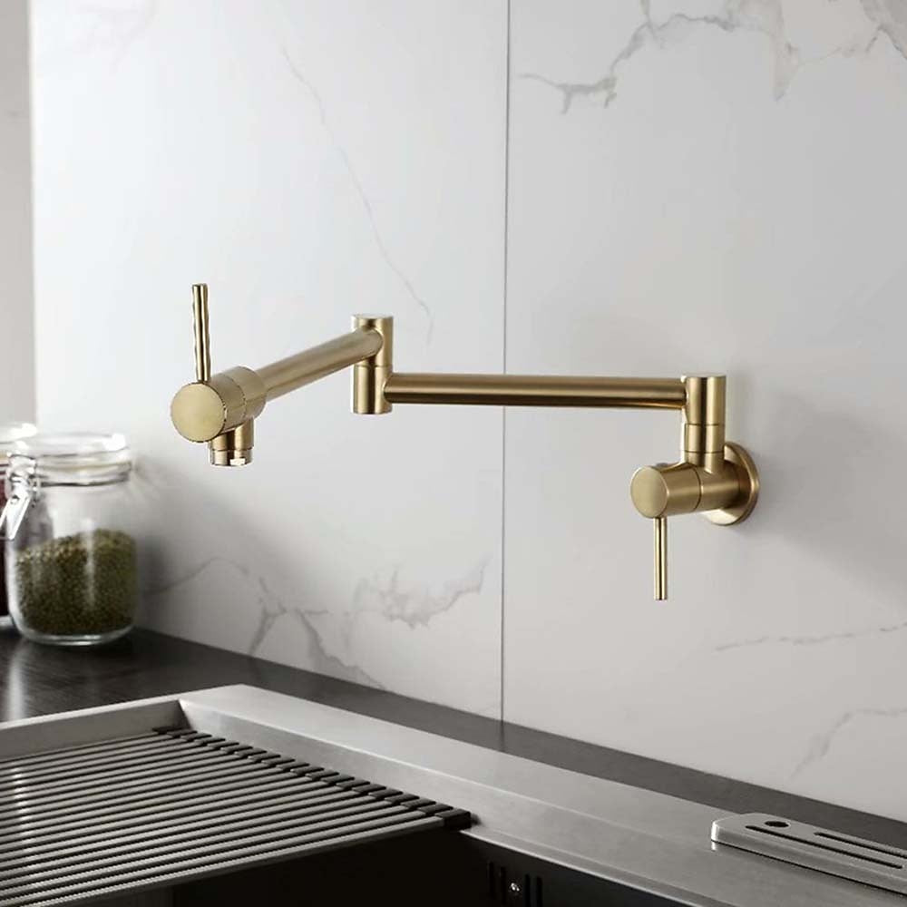 Wall-Mount Folding Pot Filler Faucet, Dual-Handle Kitchen Faucet, Chrome / Matte Black / Polished Gold / Brushed Gold