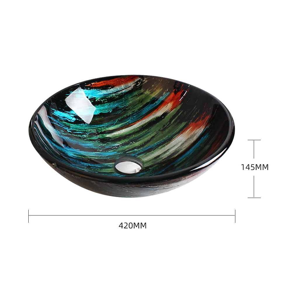 Multi- Tree Grain Tempered Glass Vessel Sink, Round Bathroom Basin with Chrome Pop-Up Drain