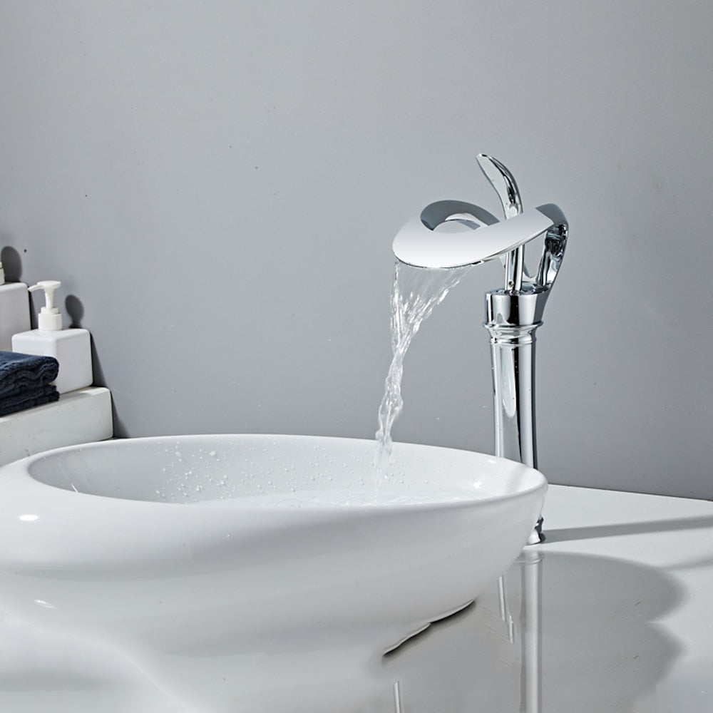 Waterfall Single-Hole Bathroom Faucet, Single-Handle Brass Vessel Sink Faucet, Matte Black / Chrome / Brushed Gold / Matte White / Gunmetal