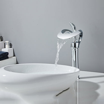 Waterfall Single-Hole Bathroom Faucet, Single-Handle Brass Vessel Sink Faucet, Matte Black / Chrome / Brushed Gold / Matte White / Gunmetal