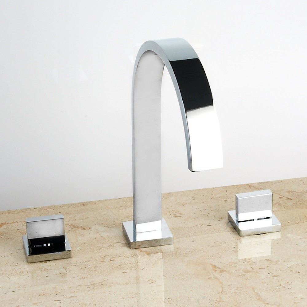 Modern Brass Waterfall Roman Tub Faucet, 3-Hole Dual-Handle High Arc Bathtub Faucet, Matte Black / Chrome