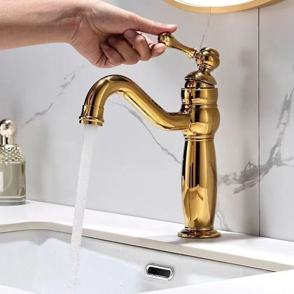 Traditional High Arc Bathroom Sink Faucet, Single-Hole Deck Mount Faucet with Ceramic Lever Handle, Polished Gold / Chrome / Antique Brass