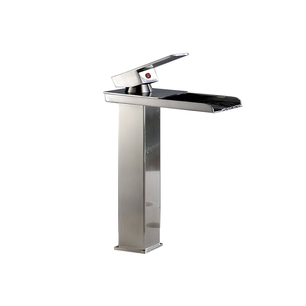 Brushed Nickel Modern Waterfall Vessel Bathroom Faucet, Single-Handle Tall Basin Faucet