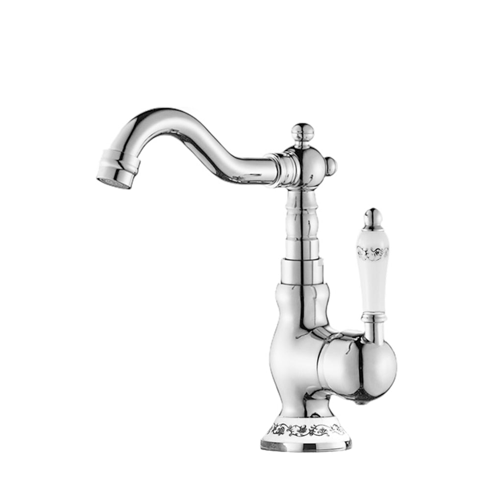 Traditional Swivel Spout Bathroom Faucet, Single-Hole Single-Handle Ceramic Lever Faucet, Antique Brass / Chrome / Polished Gold
