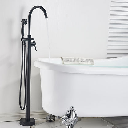 Floor-Mount Freestanding Tub Filler Faucet, Single-Handle High Arc Swivel Spout Faucet with Handheld Shower, Antique Brass / Matte Black