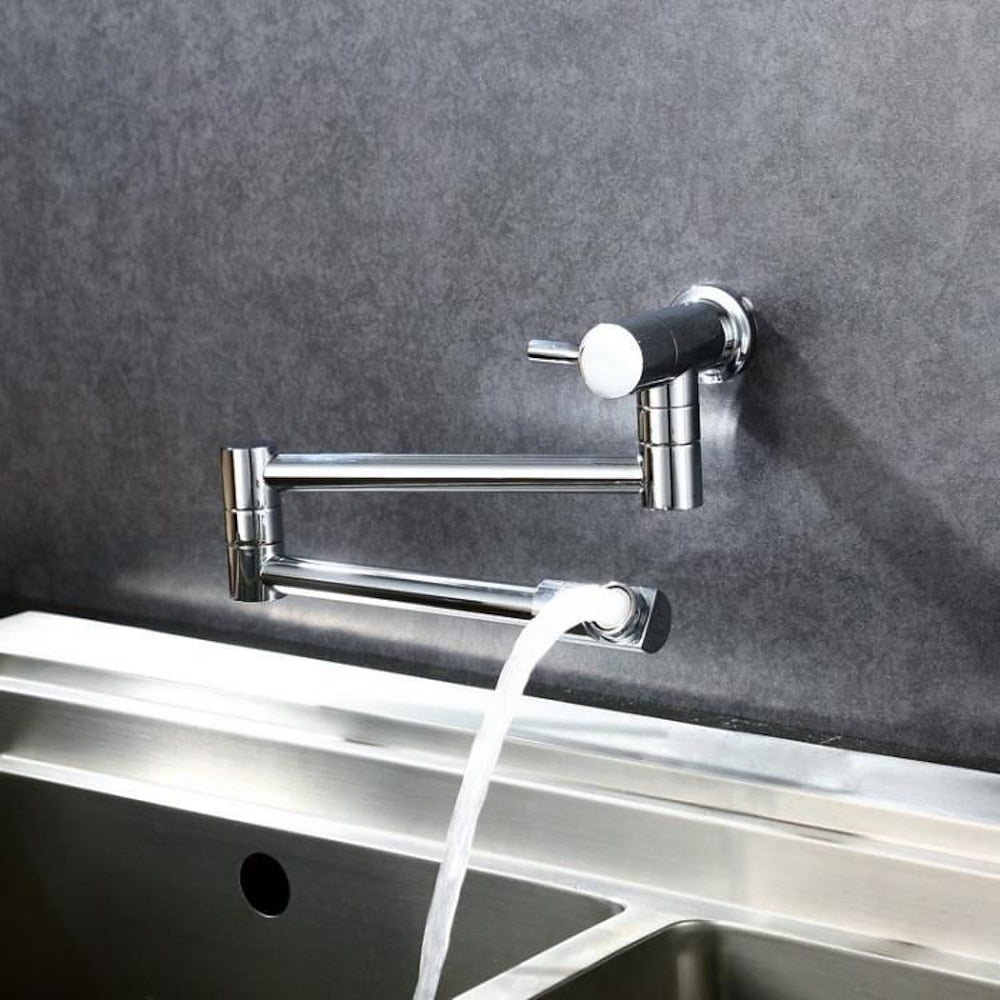 Chrome Wall-Mount Brass Pot Filler Faucet, Double-Jointed Folding Kitchen Faucet with 360-Degree Swivel Handle