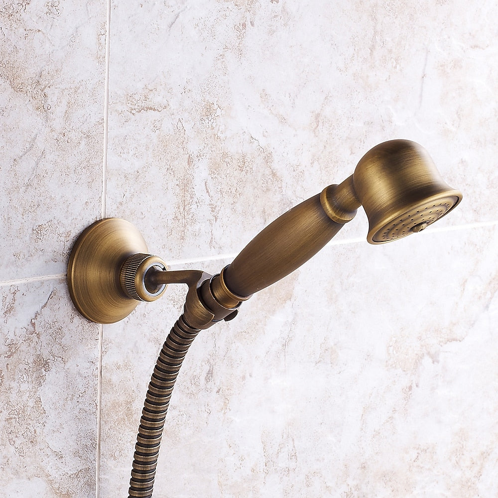 Antique Brass Wall-Mount Tub Faucet, Single-Handle Bath Shower Mixer Tap with Handheld Shower