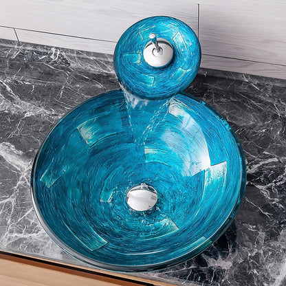 Blue Tempered Glass Round Vessel Sink with Chrome Waterfall Faucet, Single-Handle Bathroom Faucet Combo with Pop-Up Drain