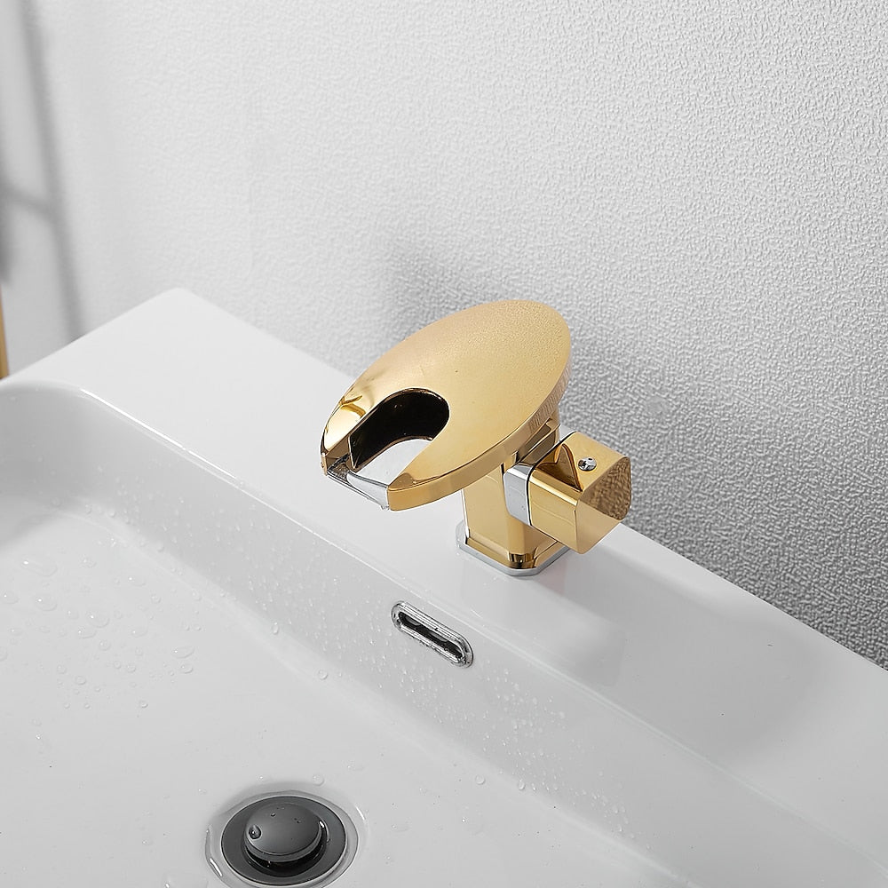 LED Waterfall Bathroom Faucet, Single-Handle Deck-Mount Faucet, Matte Black / Chrome / Polished Gold / Matte White