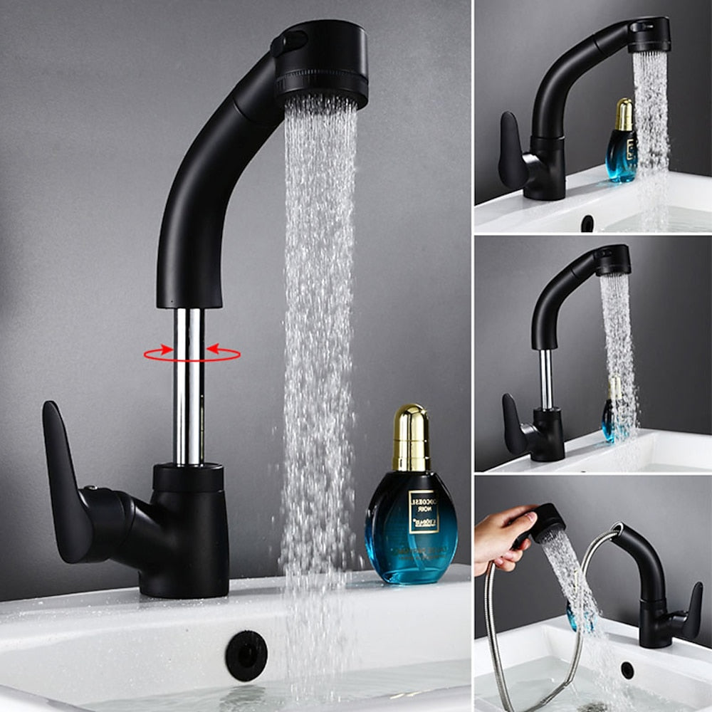 Pull-Out Single-Hole Bathroom Faucet, Single-Handle Liftable Swivel Faucet, Matte Black / Chrome