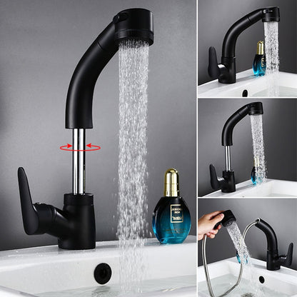 Pull-Out Single-Hole Bathroom Faucet, Single-Handle Liftable Swivel Faucet, Matte Black / Chrome