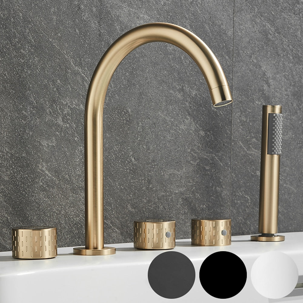 Contemporary 3-Handle Roman Tub Faucet, 5-Hole Brass Tub Filler with Handheld Shower