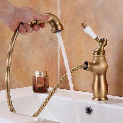 Pull-Out Single-Hole Bathroom Faucet, Single-Handle Brass Faucet, Antique Brass / Chrome / Polished Gold