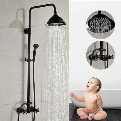 Oil-Rubbed Bronze Traditional Wall-Mounted Rainfall Shower System, Dual-Handle Brass Faucet with Handheld Shower