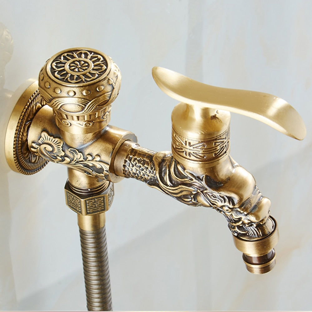 Antique Brass Wall-Mount Bidet Faucet, Handheld Toilet Sprayer Set