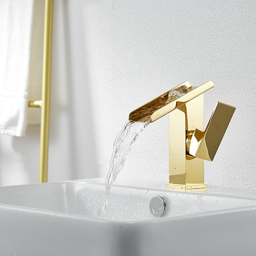 Brushed Gold Waterfall Bathroom Sink Faucet, Modern Single-Hole Single-Handle Faucet